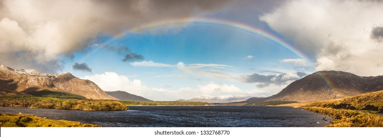 Panoramic Irish Landscape, Rainbow Over Lough Inagh, Connemara