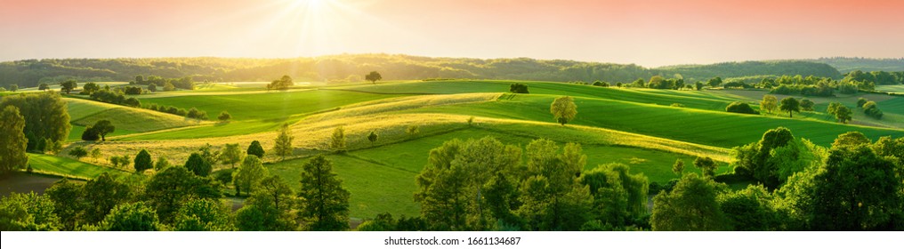Panoramic landscape with beautiful green hills before sunset, with red sky and warm sunshine illuminating the fields - Shutterstock ID 1661134687
