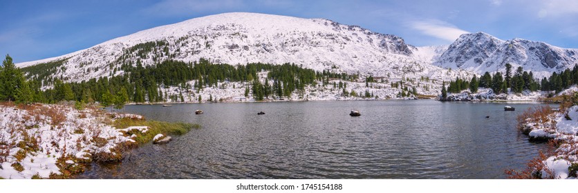 Panoramic landscape of beautiful winter at highland lake
