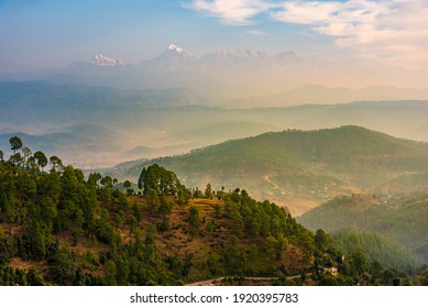 Panoramic landscape of great Himalayas mountain range during an autumn morning from Kausani also known as 'Switzerland of India' a hill station in Bageshwar district, Uttarakhand, India.