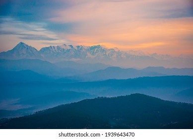 Panoramic landscape of great Himalayas mountain range during an autumn morning from Kausani also known as 'Switzerland of India' a hill station in Bageshwar district, Uttarakhand, India. - Shutterstock ID 1939643470