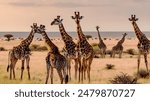 Panoramic landscape with a group of giraffes in Kalahari Desert, Namibia. Herd of giraffe pastured in savanna, wild African animals in natural habitat, safari and wilderness of the South of Africa.