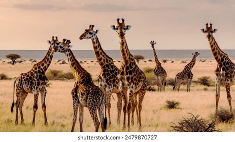Panoramic landscape with a group of giraffes in Kalahari Desert, Namibia. Herd of giraffe pastured in savanna, wild African animals in natural habitat, safari and wilderness of the South of Africa.