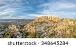 panoramic landscape of Horsetooth Rock, a landmark of Fort Collins, Colorado, winter scenery with some snow