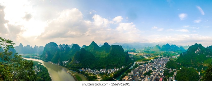 Panoramic landscape of Laozhai mountain,located in Xingping,Yangshuo,Guilin Guangxi,China