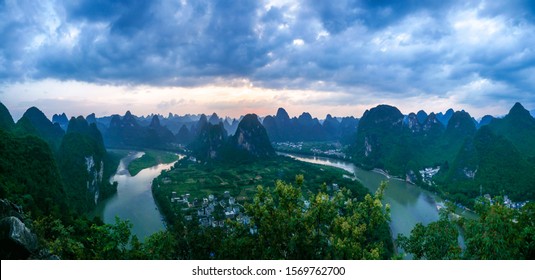 Panoramic landscape of Laozhai mountain,located in Xingping,Yangshuo,Guilin Guangxi,China