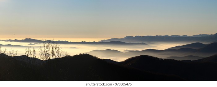 Panoramic Landscape With Layers Of Mountains. Spain.