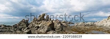 panoramic landscape with ocean shore with rocks formed by columnar basalt, Cape Stolbchaty on Kunashir Island
