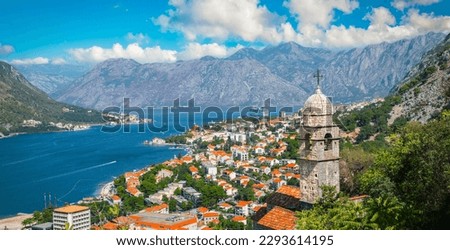 Panoramic landscape with old church in Kotor, Montenegro.