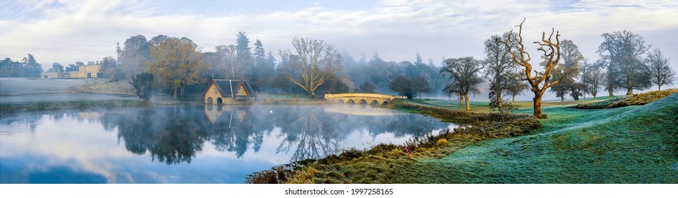 Panoramic Landscape Of Pond In Morning Fog