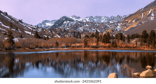 Panoramic landscape of sierra mountains near Sabrina lake ,Bishop California in twilight