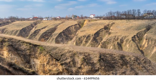 Panoramic Landscape With Soil Erosion In Outskirts Of Dnepr City, Ukraine