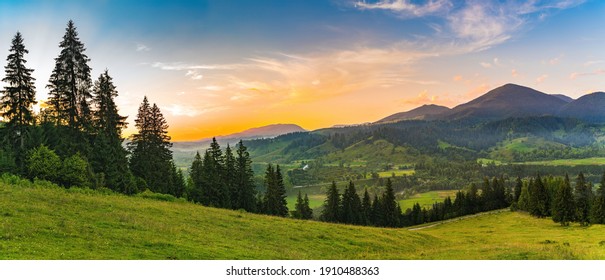 Panoramic Landscape With Sunset In Mountains.