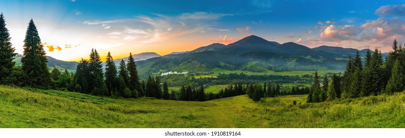 Panoramic landscape with sunset in mountains.