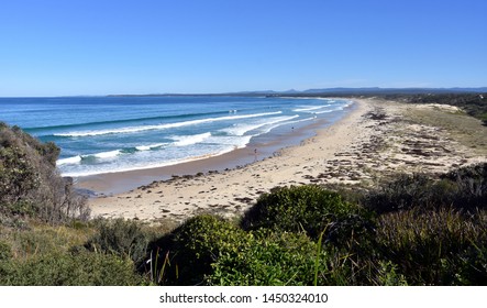 Panoramic Landscape Of Sussex Inlet Beach In New South Wales, Australia. Sunny Day In Winter Time, Few People On The Beach. 