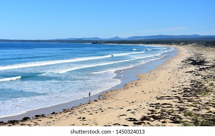 Panoramic Landscape Of Sussex Inlet Beach In New South Wales, Australia. Sunny Day In Winter Time, Few People On The Beach. 