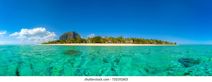 Panoramic landscape of tropical beach and famous  Le Morne Brabant mountain in Mauritius island 
