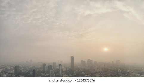 Panoramic Landscape View Of Bangkok City And Skyscape That Showing Smog And Air Polution From Particle PM2.5 In Bangkok. 