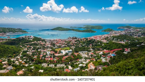 Panoramic landscape view of city, bay and cruise port of Charlotte Amalie, St Thomas, US Virgin Islands.