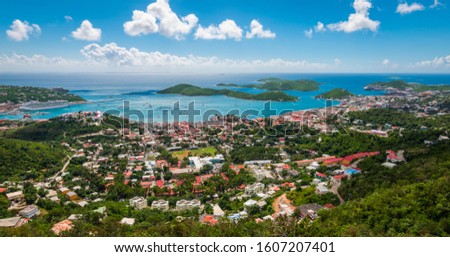 Panoramic landscape view of city, bay and cruise port of Charlotte Amalie, St Thomas, US Virgin Islands.
