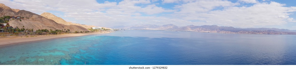 Panoramic landscape view of mountains and coral reef in the Red sea, Israel, Eilat