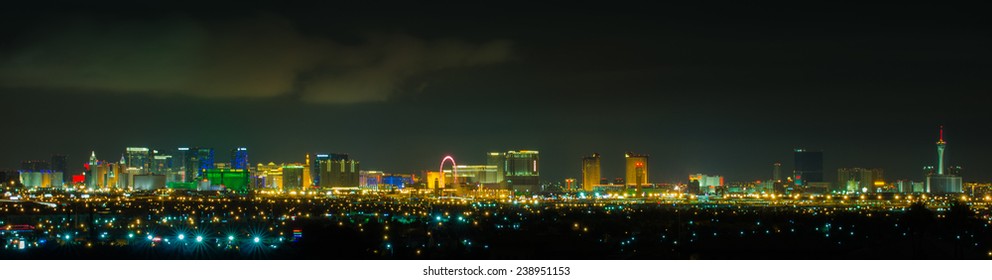 Panoramic Las Vegas Strip Cityscape At Night.