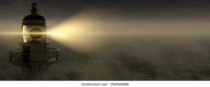 Panoramic lighthouse with its light beam shining through thick fog 3d render - Shutterstock ID 1969664086