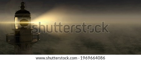 Panoramic lighthouse with its light beam shining through thick fog 3d render