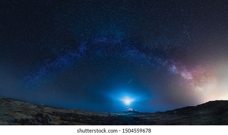 Panoramic long exposure Night astrophotography. Milky Way over Favaritx lighthouse, Menorca, Balearic Islands, Spain
 - Powered by Shutterstock