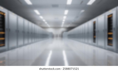 Panoramic low-angle view of a high-tech data center with sleek silver server cabinets and blinking amber-white lights. Blurred image, perfect for futuristic designs.