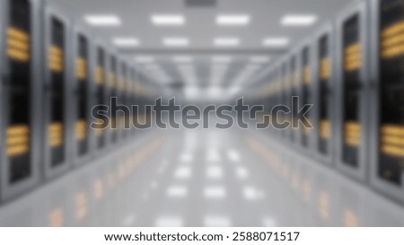 Panoramic low-angle view of a high-tech data center with sleek silver server cabinets and blinking amber-white lights. Blurred image, perfect for futuristic designs.