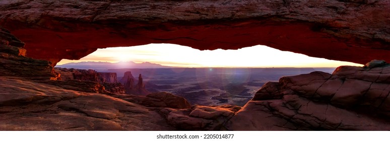 Panoramic Mesa Arch At Sunrise Natural Rock Formation Landscape View The Canyonlands National Park Travel Tourism Utah USA