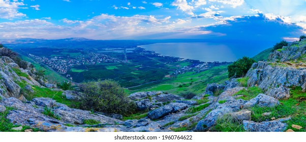 Panoramic Morning View Of The North Part Of The Sea Of Galilee, And The Village Migdal, From Mount Arbel. Northern Israel