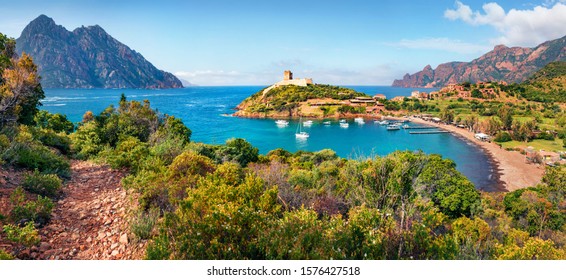 Panoramic Morning View Of Port De Girolata - Place, Where You Can't Get By Car. Splendid Summer Scene Of Corsica Island, France, Europe. Stunning Mediterranean Seascape.