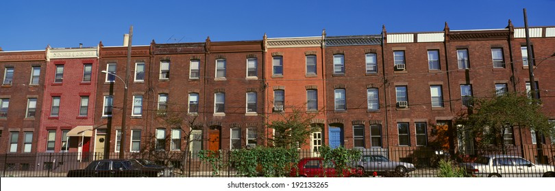 Panoramic Morning View Of Red Brick Row Houses Of Philadelphia, PA