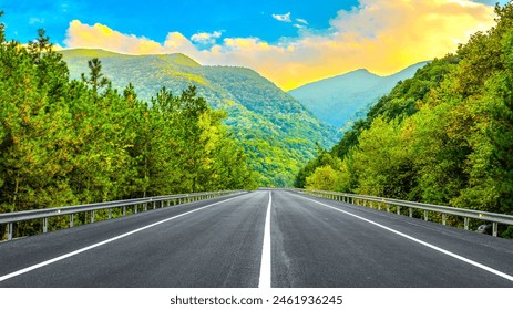 Panoramic mountain road landscape among green mountains. View of forest road in beautiful nature landscape. Road view in the beautiful nature of Europe. Highway landscape at sunset. Bavaria, Germany. - Powered by Shutterstock