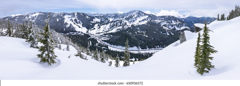 Panoramic Mountain Top View Of Popular Washington Ski And Snowboard Resort In Pacific Northwest