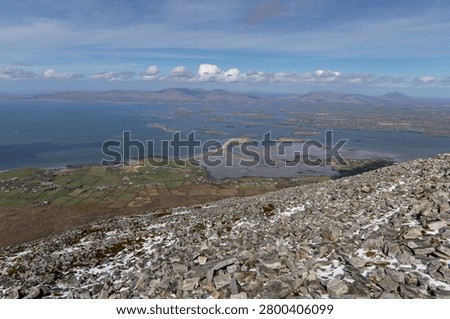 Panoramic mountain view on the Clew bay from Croagh Patrick in County Mayo, Ireland