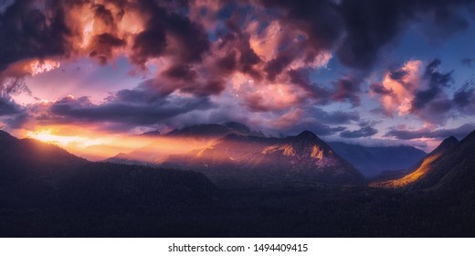 Panoramic Nature Mountains Landscape. Dramatic Sky At Sunset. Aerial Drone View From Above