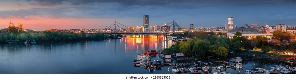 Panoramic night view of Belgrade Waterfront, river Sava, New and Old Belgrade - Shutterstock ID 2160865023
