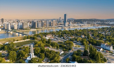 Panoramic night view of Belgrade Waterfront, Sava River, Belgrade Tower With Full Moon - Powered by Shutterstock