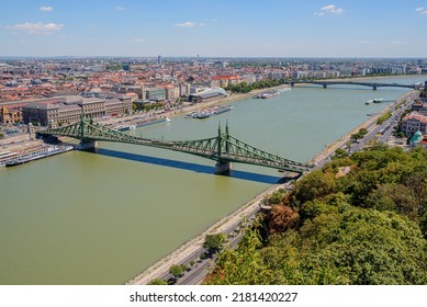 Panoramic Night View Of Budapest From Gellert Hill. Danube River, Chain Bridge, Buda And Pest Views. Budapest