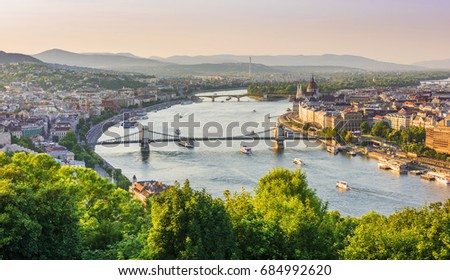 Panoramic night view of Budapest from Gellert Hill. Danube River, Chain Bridge, Parliament Building, Buda and Pest views. Budapest, Hungary.
