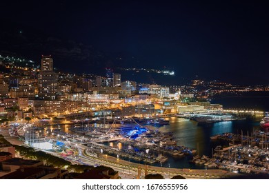 
panoramic night view of the Principality of Monaco