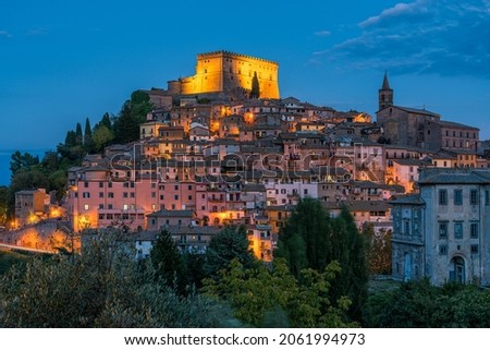 Panoramic night view of Soriano nel Cimino, beautiful city in the Province of Viterbo, in the Lazio region of Italy.