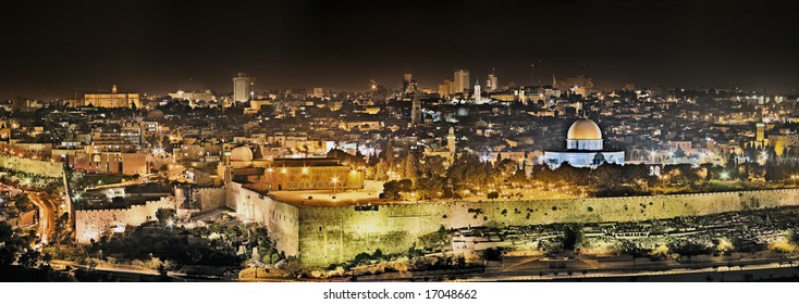 Panoramic night view of Temple Mount from the Mount of Olives, Jerusalem, Israel
