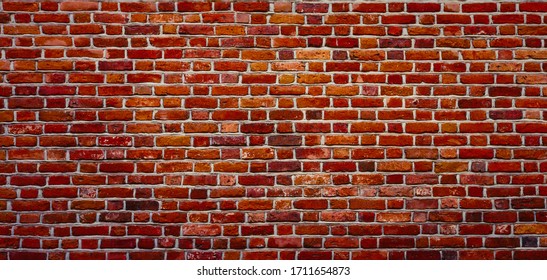 Panoramic Old Red Brick Wall Background. Beautiful Vintage Brickwall Texture. Wide Angle Grunge Web banner or Wallpaper With Copy Space. - Shutterstock ID 1711654873