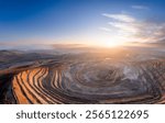 Panoramic of open pit mine industry, aerial view. Big yellow mining truck for coal working in quarry.