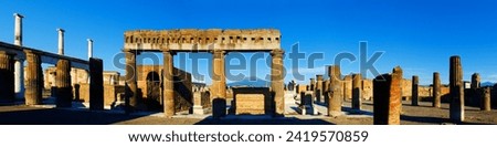 panoramic panorama view of ruins of Pompei or Pompeii with Vesuv in background, in The Metropolitan City of Naples, Italy, Europe