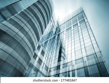 Panoramic and perspective wide angle view to steel light blue background of glass highrise building skyscraper, modern futuristic commercial city Business concept of successful industrial architecture